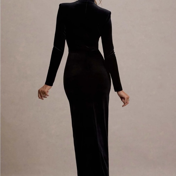Black Velvet High-Neck Gathered Split Maxi Dress - Picture 2 of 5